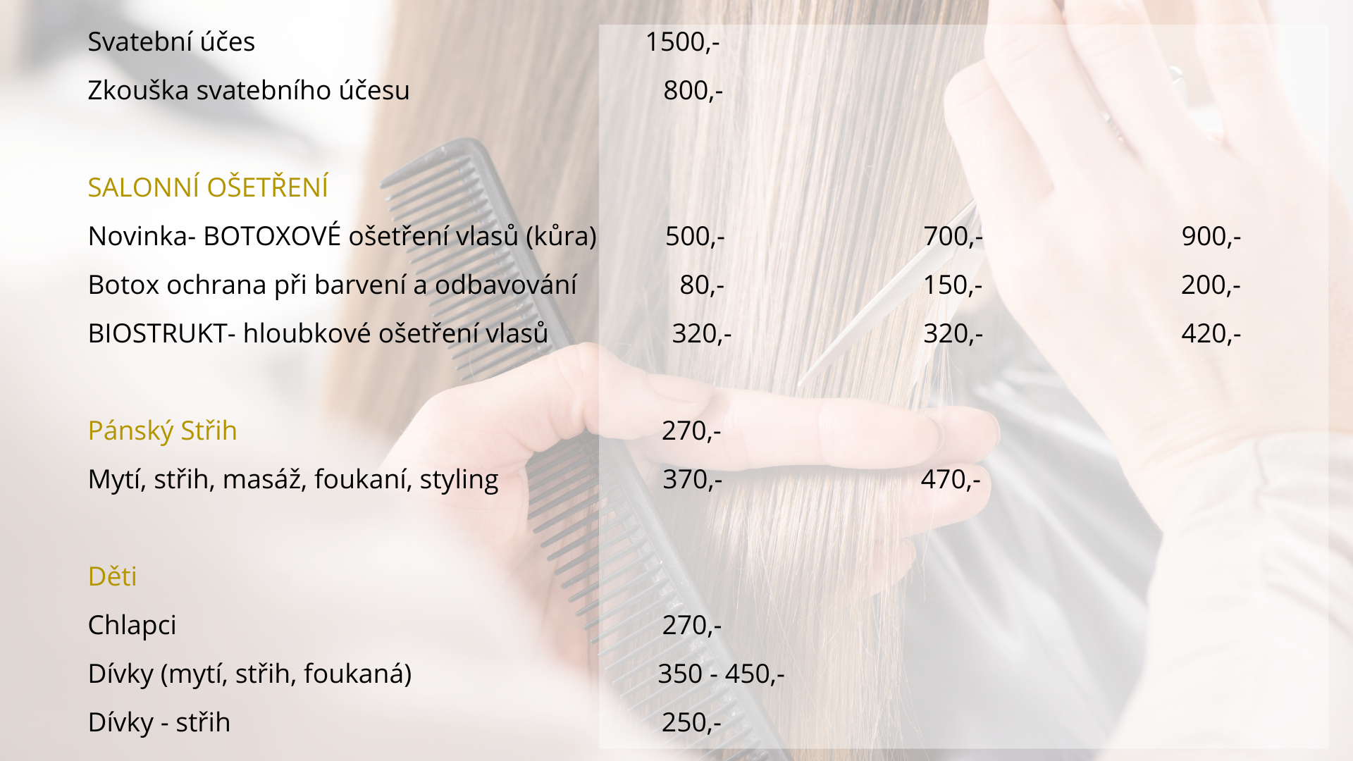 ceny všech úkonů závisí na délce a hustotě vlasů
